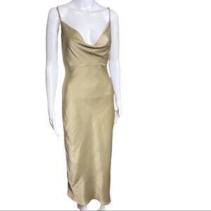 La Charme U Champagne Satin Deep Draped Cowl Neck Midi Slip Dress Size Small